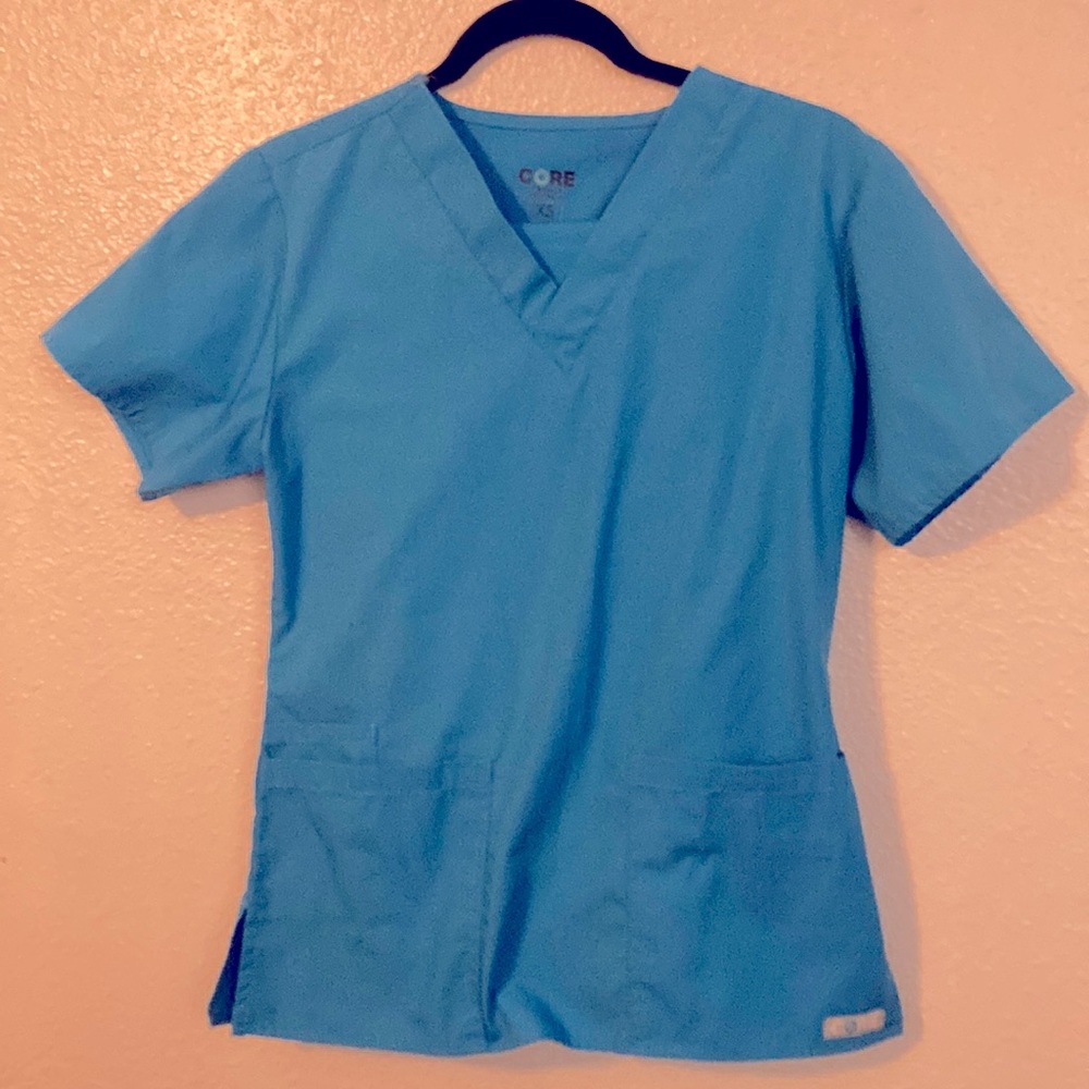 Blue scrub set, top and bottom. Core brand, size XS